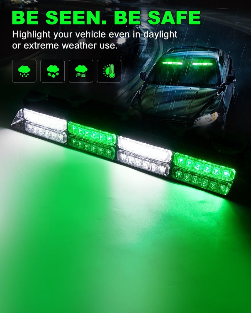 HLauto 6Z4J Emergency Dash Strobe Lights: 2x16.8 inch Green White Safety Lights, 48 LED Flashing Warning Hazard Interior Windshield Visor Traffic Light Bar for Trucks, Construction Vehicles - Image 3
